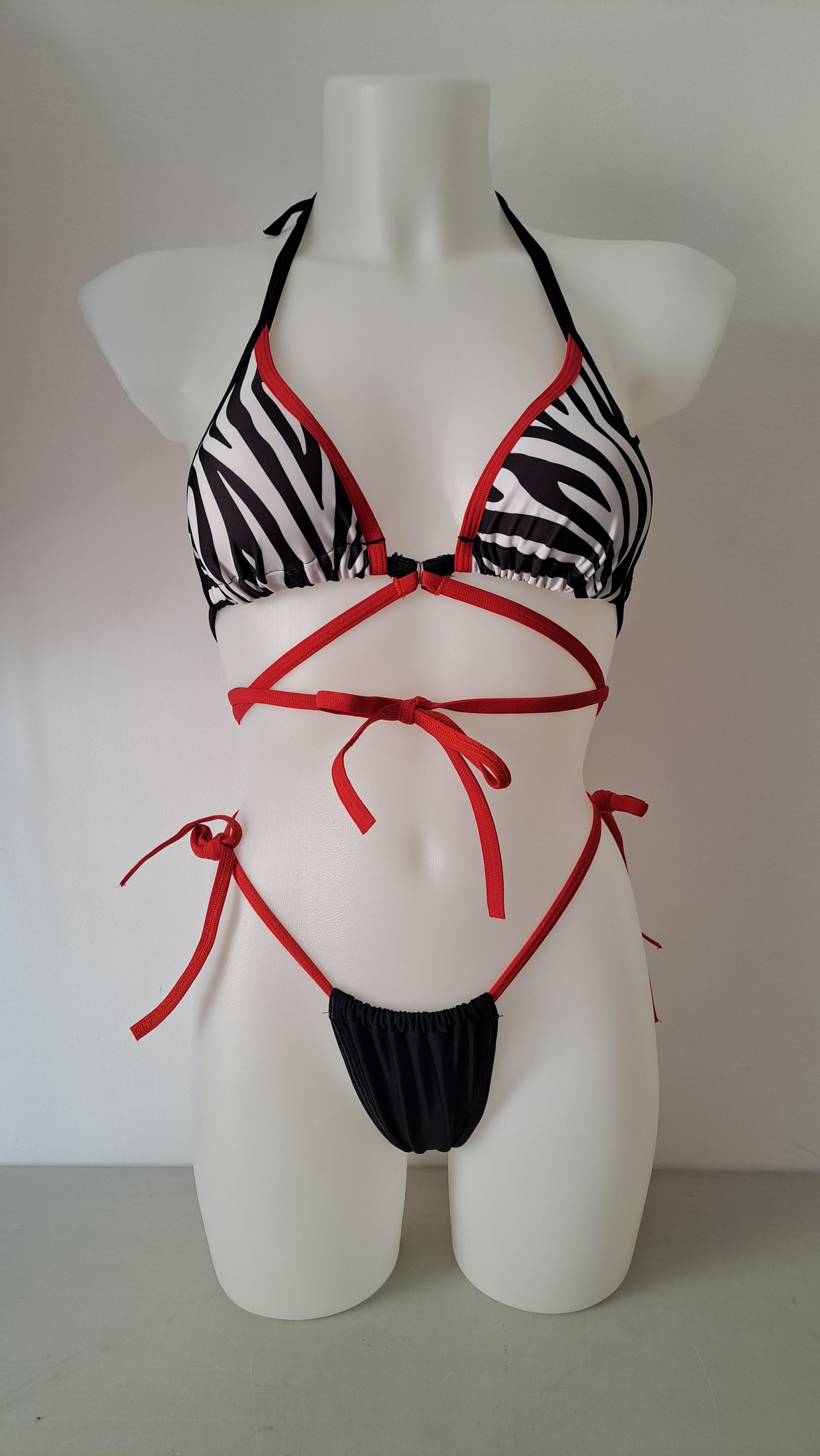 Completo bikini slip coco laccetti zebra rosso - Flamingo pole wear