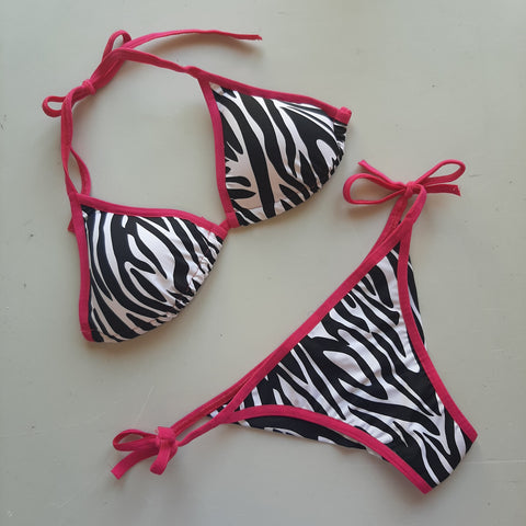 Zebra / fuchsia lace-up bikini set